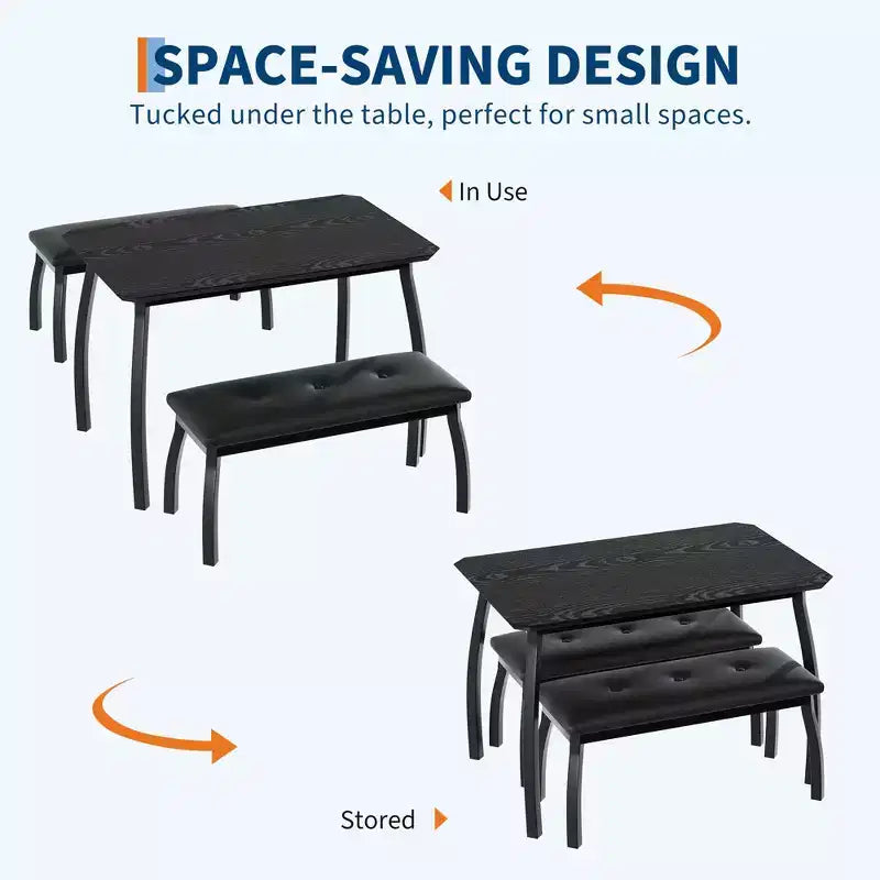 Dining Table Set for 4, Metal Frame Kitchen Table Set with 2 Upholstered Bench, 3 Piece Dining Room Table Furniture for Apartment, Studio, Home