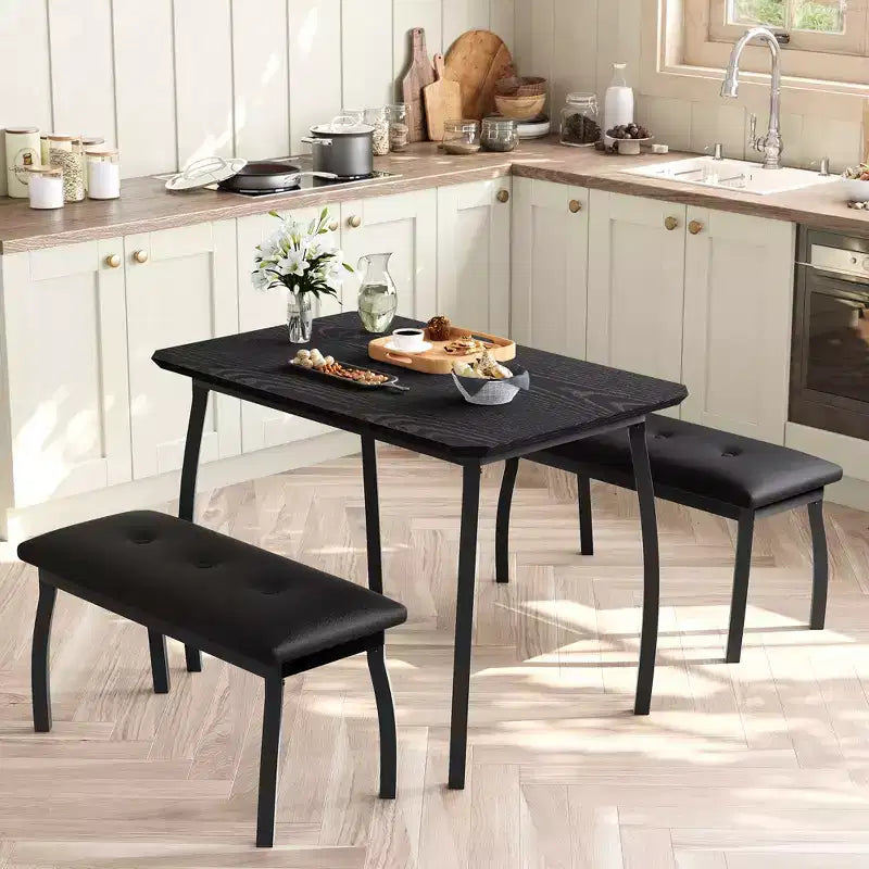 Dining Table Set for 4, Metal Frame Kitchen Table Set with 2 Upholstered Bench, 3 Piece Dining Room Table Furniture for Apartment, Studio, Home