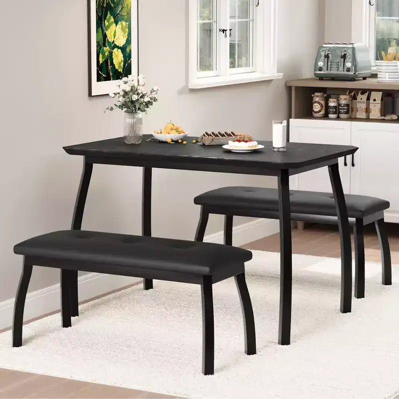 Dining Table Set for 4, Metal Frame Kitchen Table Set with 2 Upholstered Bench, 3 Piece Dining Room Table Furniture for Apartment, Studio, Home