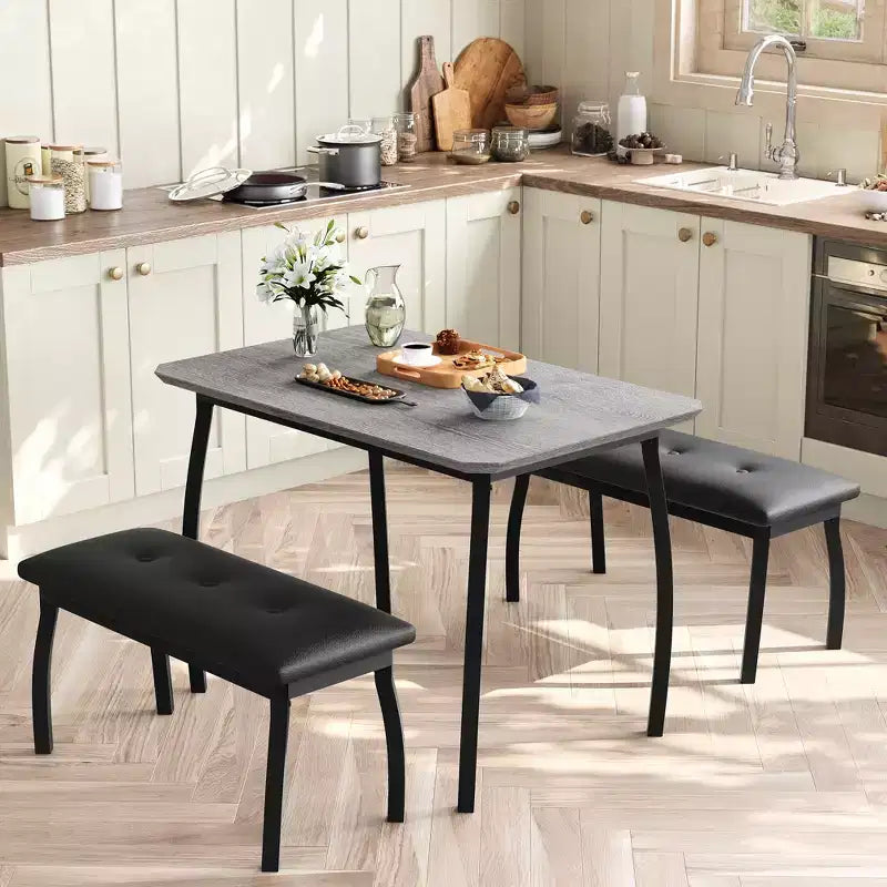 Dining Table Set for 4, Metal Frame Kitchen Table Set with 2 Upholstered Bench, 3 Piece Dining Room Table Furniture for Apartment, Studio, Home