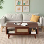 MAYEERTY 44in Dark Walnut Modern Square Wooden Coffee Table With Rattan Drawer for Living Room