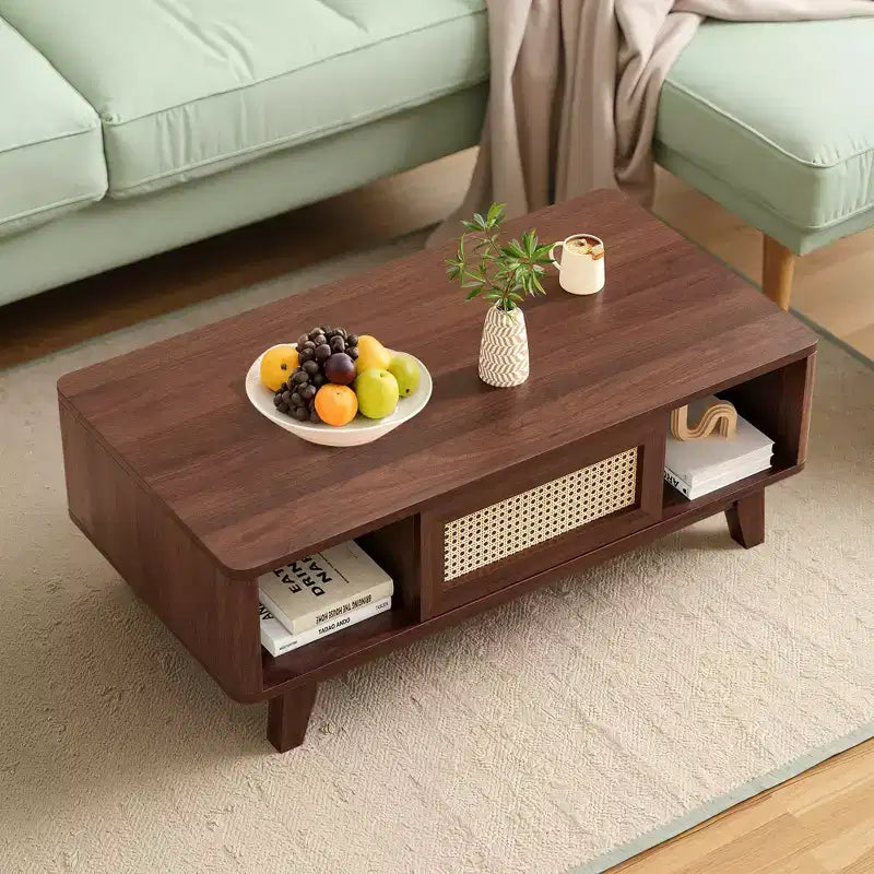 MAYEERTY 44in Dark Walnut Modern Square Wooden Coffee Table With Rattan Drawer for Living Room