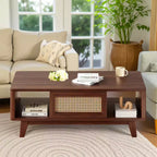MAYEERTY 44in Dark Walnut Modern Square Wooden Coffee Table With Rattan Drawer for Living Room