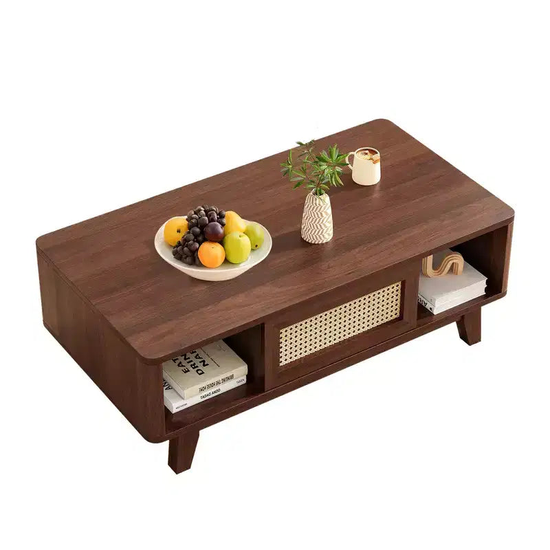 MAYEERTY 44in Dark Walnut Modern Square Wooden Coffee Table With Rattan Drawer for Living Room