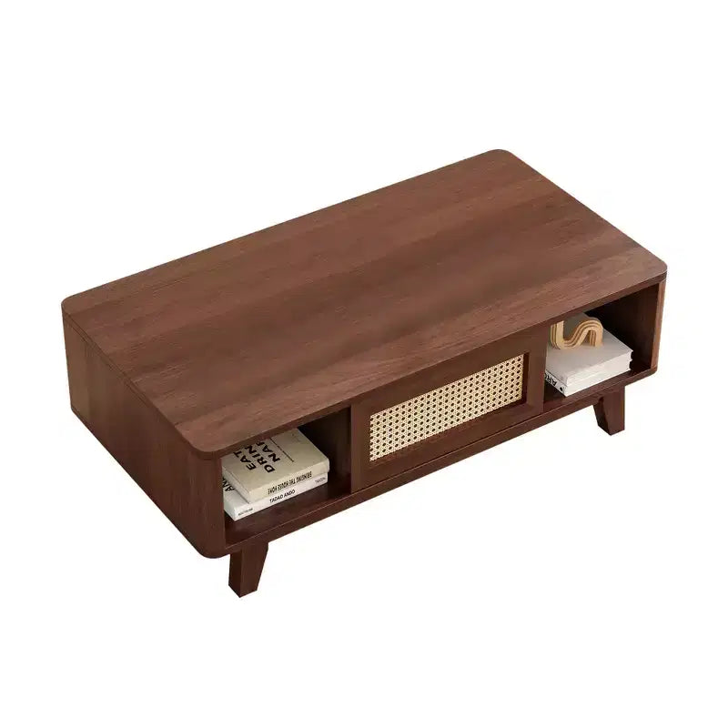 MAYEERTY 44in Dark Walnut Modern Square Wooden Coffee Table With Rattan Drawer for Living Room