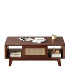 MAYEERTY 44in Dark Walnut Modern Square Wooden Coffee Table With Rattan Drawer for Living Room