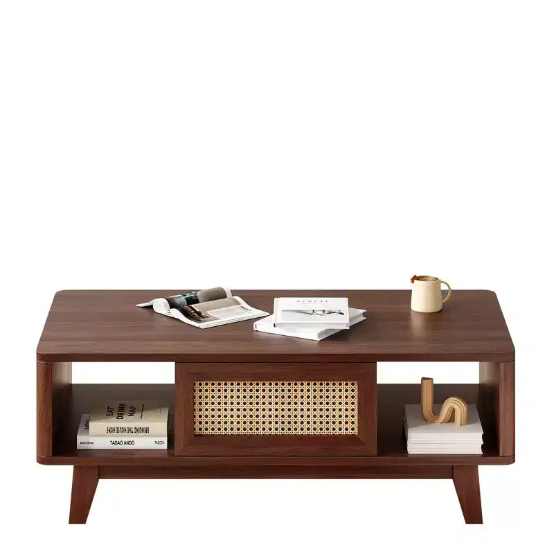 MAYEERTY 44in Dark Walnut Modern Square Wooden Coffee Table With Rattan Drawer for Living Room