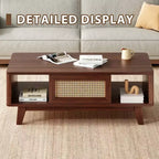 MAYEERTY 44in Dark Walnut Modern Square Wooden Coffee Table With Rattan Drawer for Living Room