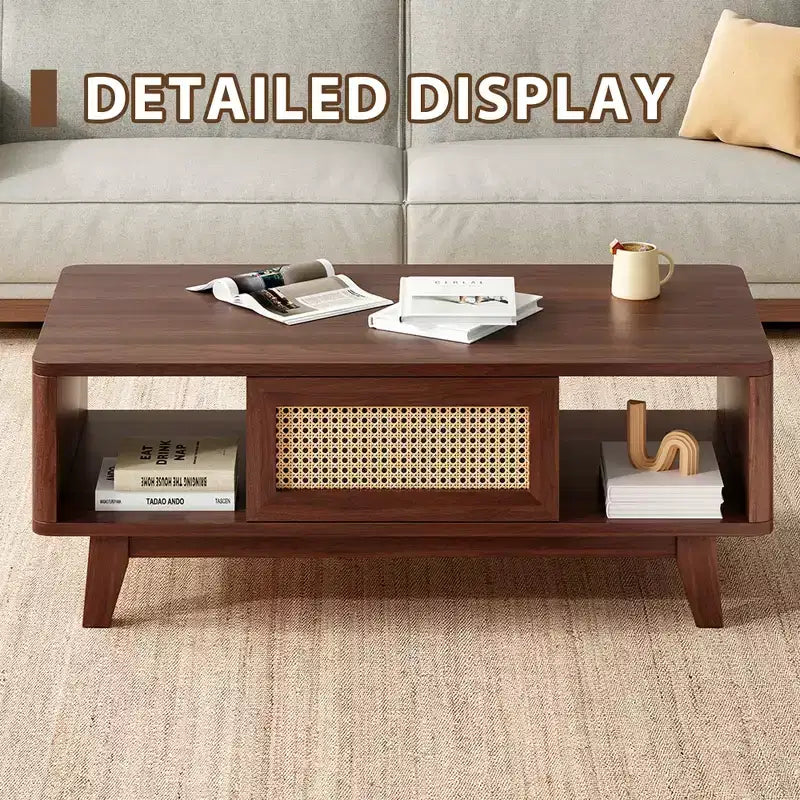 MAYEERTY 44in Dark Walnut Modern Square Wooden Coffee Table With Rattan Drawer for Living Room