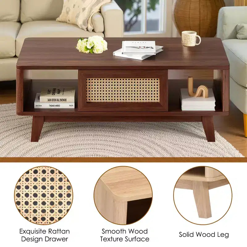 MAYEERTY 44in Dark Walnut Modern Square Wooden Coffee Table With Rattan Drawer for Living Room