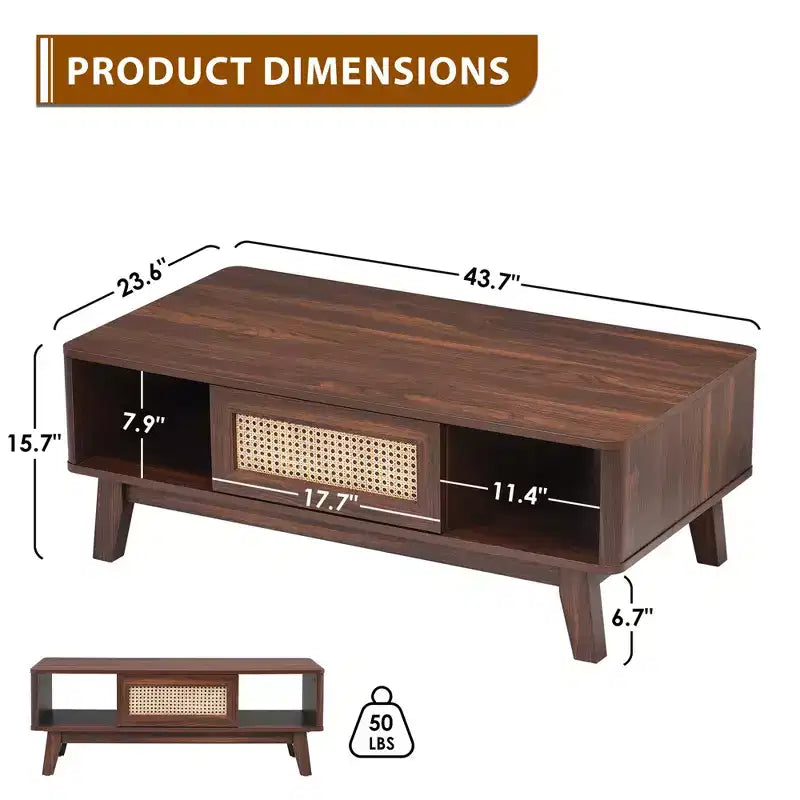 MAYEERTY 44in Dark Walnut Modern Square Wooden Coffee Table With Rattan Drawer for Living Room