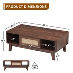 MAYEERTY 44in Dark Walnut Modern Square Wooden Coffee Table With Rattan Drawer for Living Room