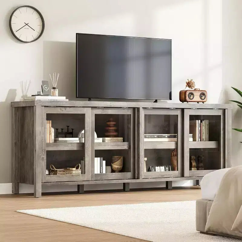 Meuble TV de 165 cm, meuble de rangement avec 4 portes coulissantes en verre, console TV multimédia de style moderne du milieu du siècle pour salon