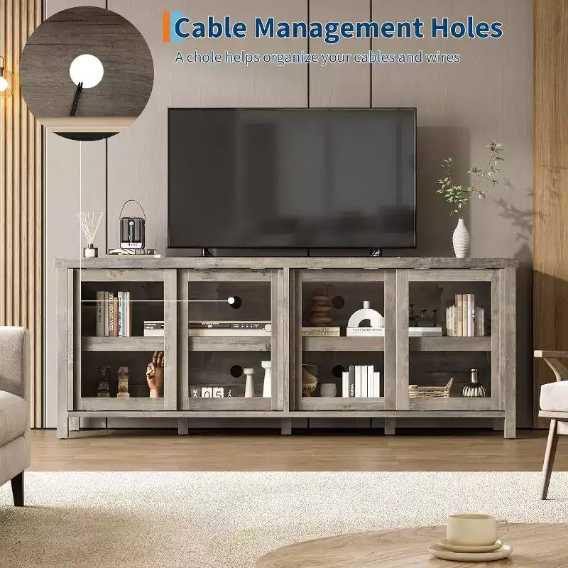 Meuble TV de 165 cm, meuble de rangement avec 4 portes coulissantes en verre, console TV multimédia de style moderne du milieu du siècle pour salon