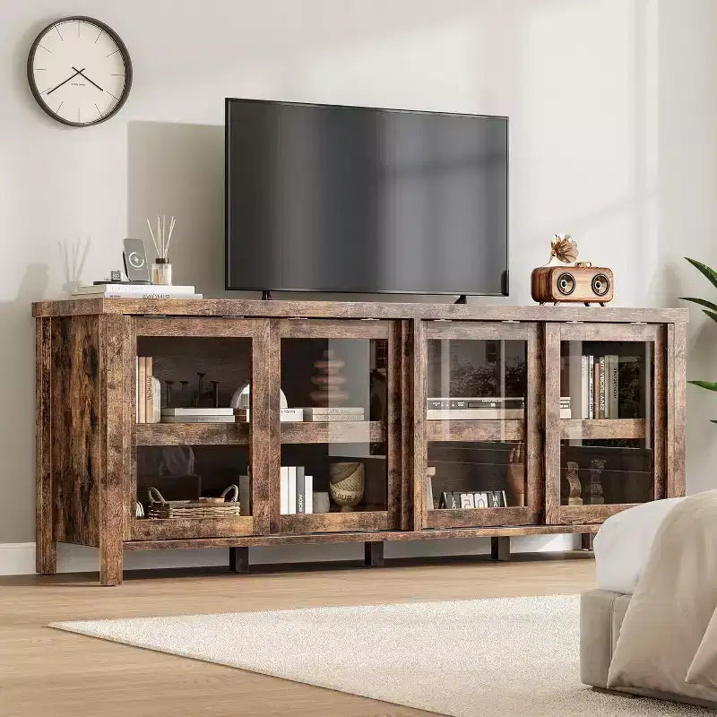 Meuble TV de 165 cm, meuble de rangement avec 4 portes coulissantes en verre, console TV multimédia de style moderne du milieu du siècle pour salon