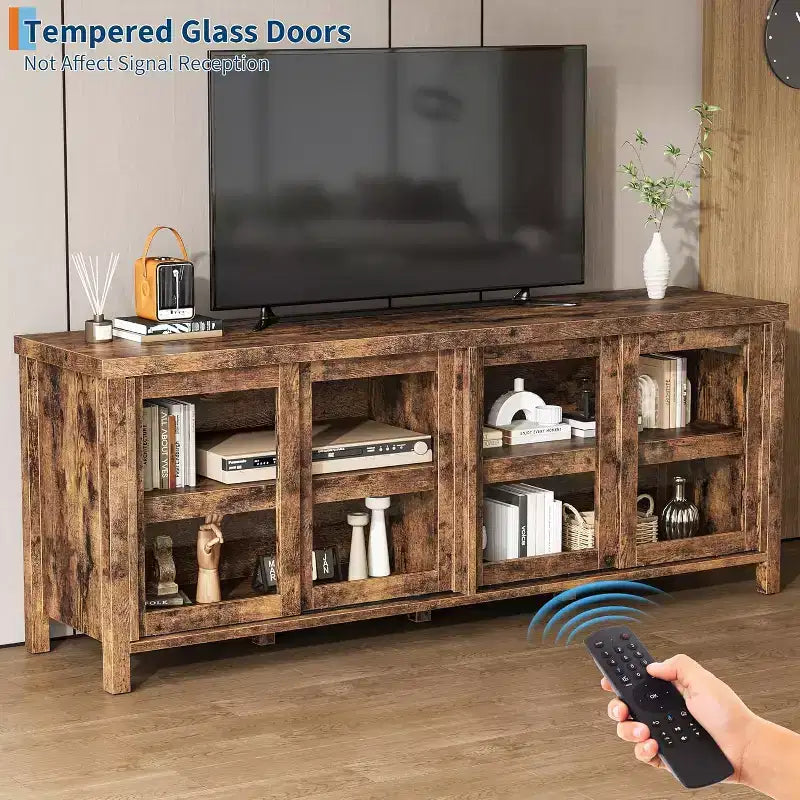 Meuble TV de 165 cm, meuble de rangement avec 4 portes coulissantes en verre, console TV multimédia de style moderne du milieu du siècle pour salon