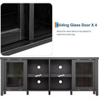 Meuble TV de 165 cm, meuble de rangement avec 4 portes coulissantes en verre, console TV multimédia de style moderne du milieu du siècle pour salon