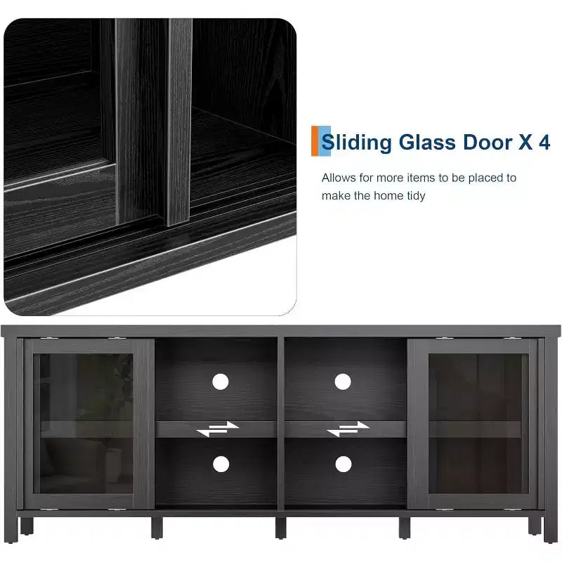 Meuble TV de 165 cm, meuble de rangement avec 4 portes coulissantes en verre, console TV multimédia de style moderne du milieu du siècle pour salon