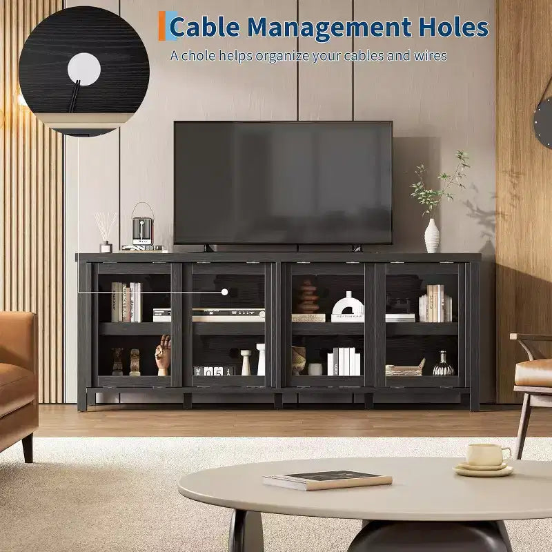 Meuble TV de 165 cm, meuble de rangement avec 4 portes coulissantes en verre, console TV multimédia de style moderne du milieu du siècle pour salon