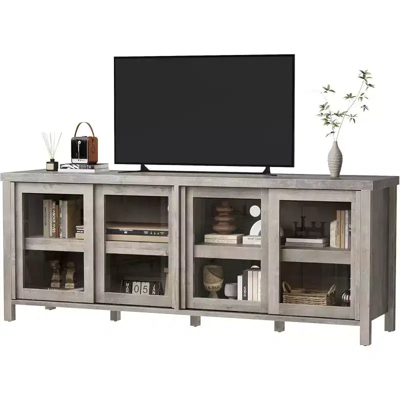 Meuble TV de 165 cm, meuble de rangement avec 4 portes coulissantes en verre, console TV multimédia de style moderne du milieu du siècle pour salon