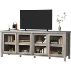 Meuble TV de 165 cm, meuble de rangement avec 4 portes coulissantes en verre, console TV multimédia de style moderne du milieu du siècle pour salon