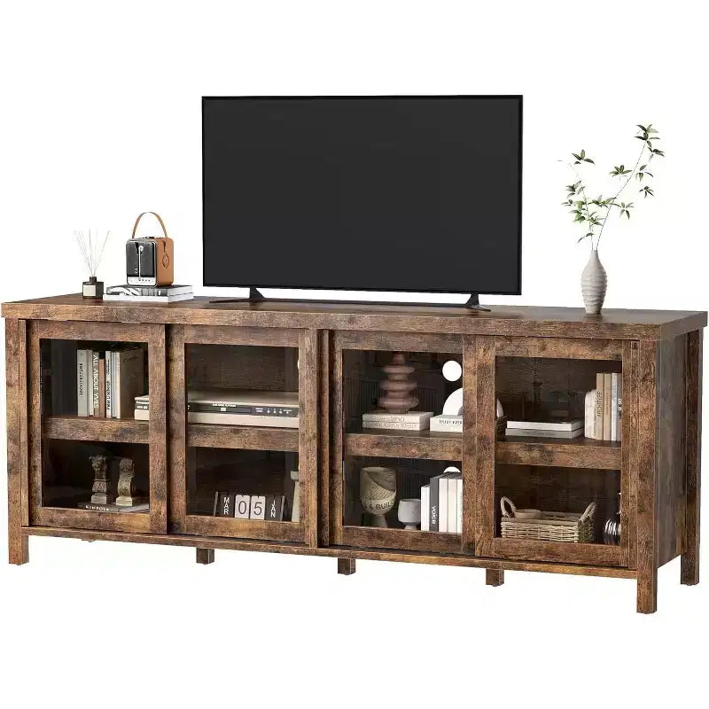Meuble TV de 165 cm, meuble de rangement avec 4 portes coulissantes en verre, console TV multimédia de style moderne du milieu du siècle pour salon