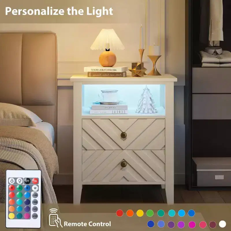 Table de chevet LED Coolmee avec 2 tiroirs de rangement et pieds, table de chevet de style ferme avec étagère de rangement ouverte, table de chevet rustique pour chambre à coucher ou salon