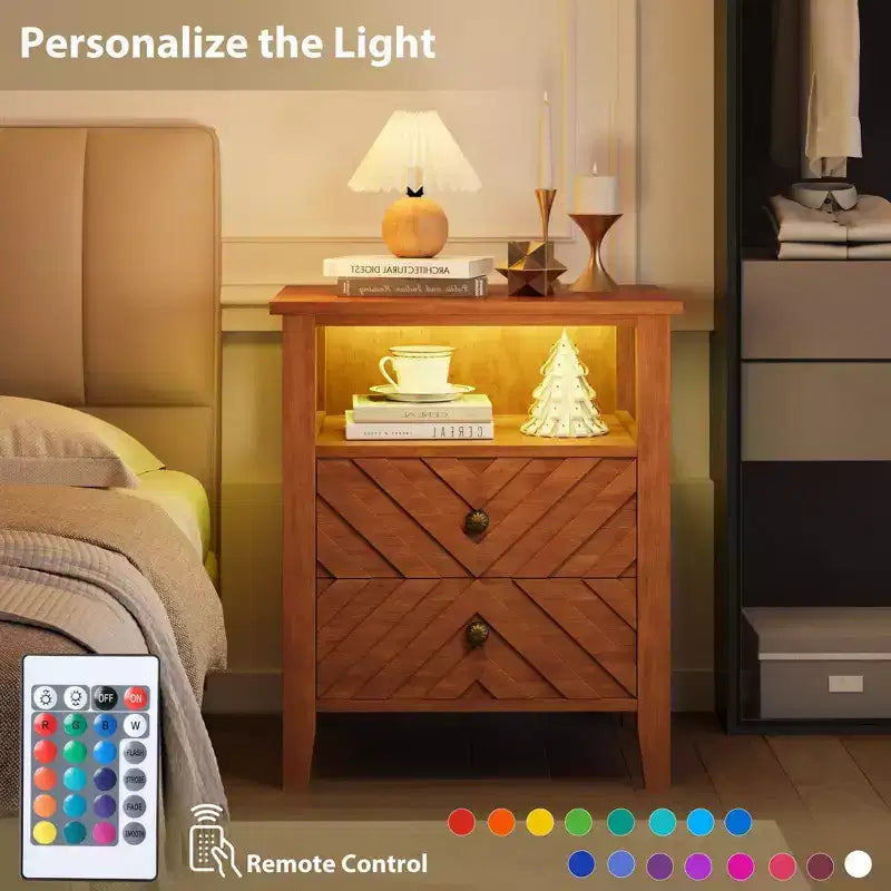 Table de chevet LED Coolmee avec 2 tiroirs de rangement et pieds, table de chevet de style ferme avec étagère de rangement ouverte, table de chevet rustique pour chambre à coucher ou salon