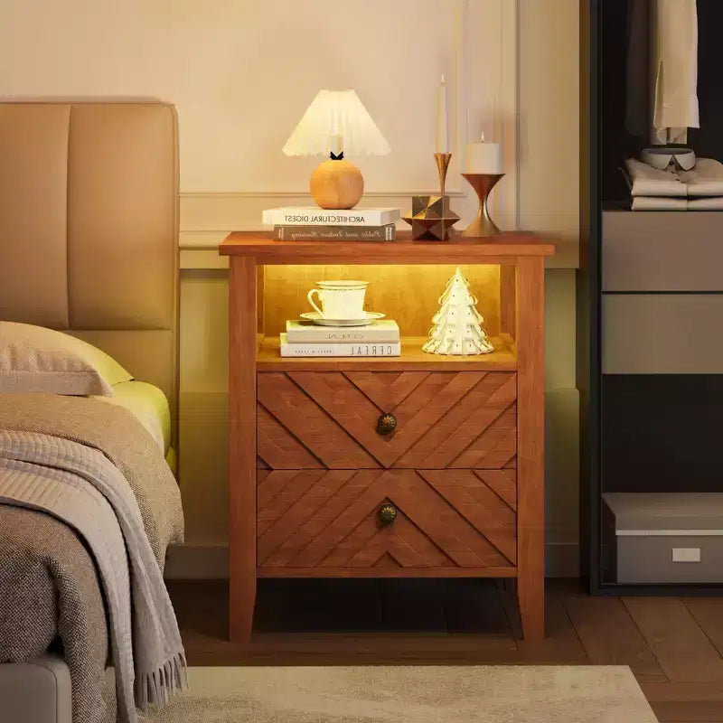 Table de chevet LED Coolmee avec 2 tiroirs de rangement et pieds, table de chevet de style ferme avec étagère de rangement ouverte, table de chevet rustique pour chambre à coucher ou salon