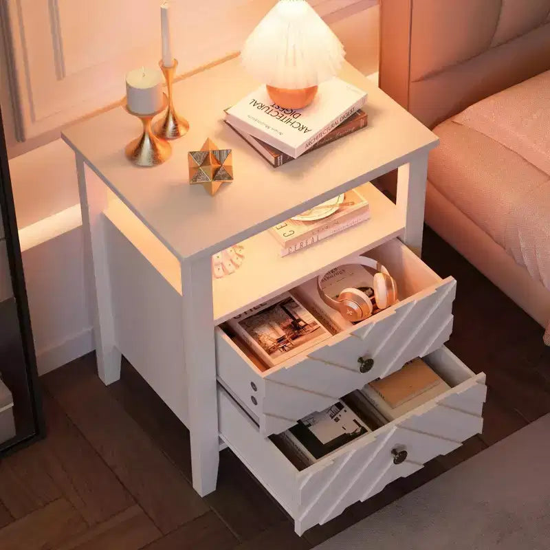 Table de chevet LED Coolmee avec 2 tiroirs de rangement et pieds, table de chevet de style ferme avec étagère de rangement ouverte, table de chevet rustique pour chambre à coucher ou salon