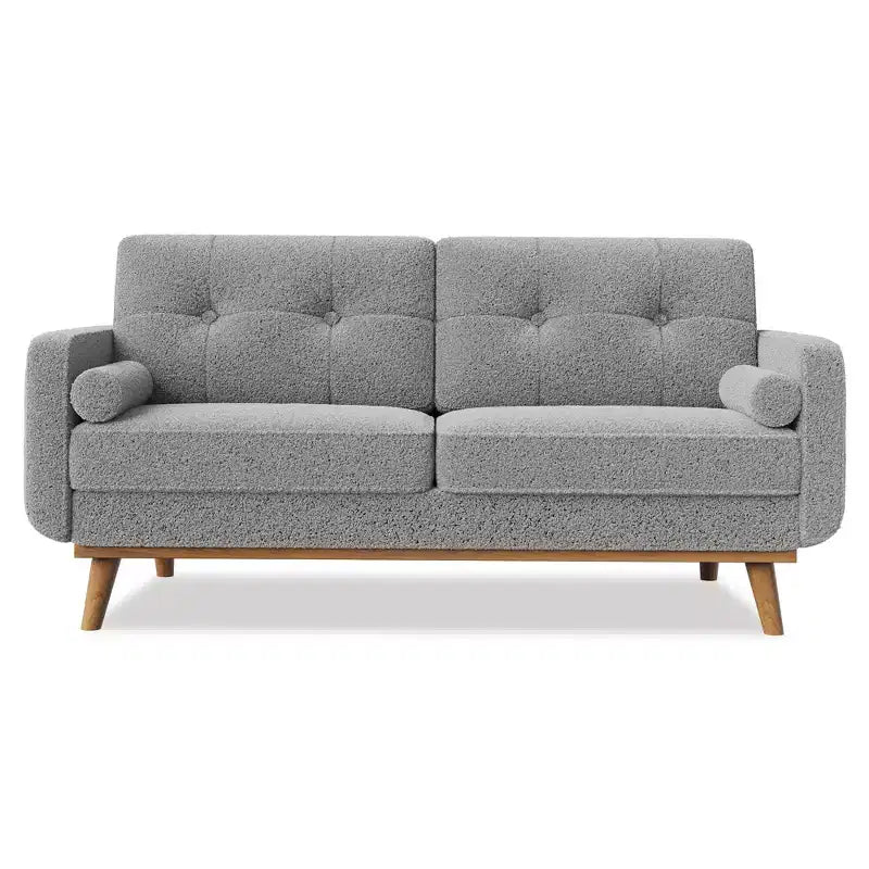 Canapé causeuse moderne du milieu du siècle, 2 places, en lin, avec boutons touffetés et pieds en bois pour salon et appartement