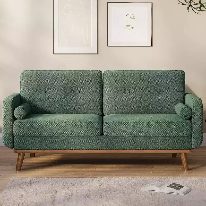 Canapé causeuse moderne du milieu du siècle, 2 places, en lin, avec boutons touffetés et pieds en bois pour salon et appartement