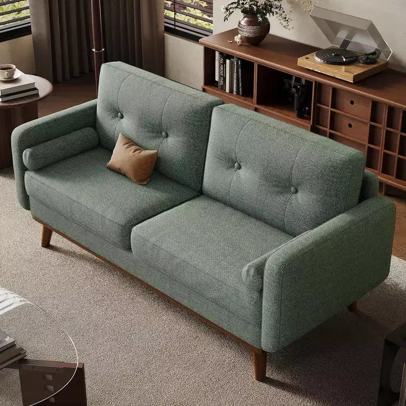 Canapé causeuse moderne du milieu du siècle, 2 places, en lin, avec boutons touffetés et pieds en bois pour salon et appartement