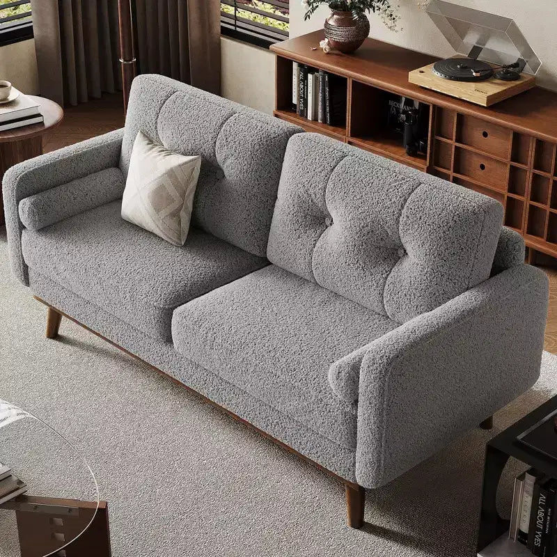 Canapé causeuse moderne du milieu du siècle, 2 places, en lin, avec boutons touffetés et pieds en bois pour salon et appartement