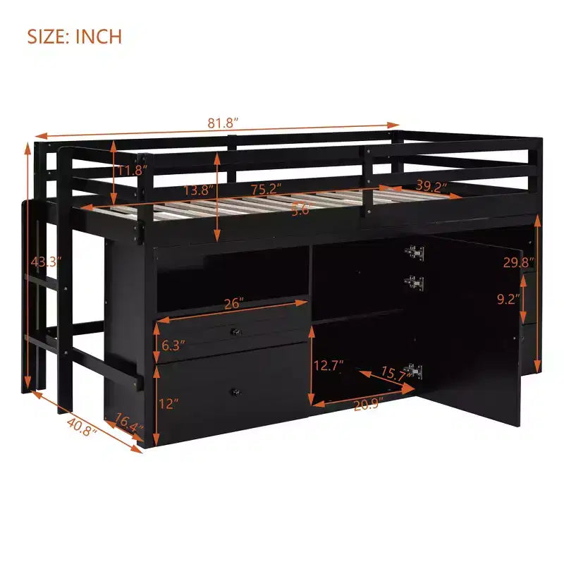 Lit mi-hauteur simple pour enfants, lit mezzanine simple en bois avec tiroirs de rangement, armoire et étagères inférieurs