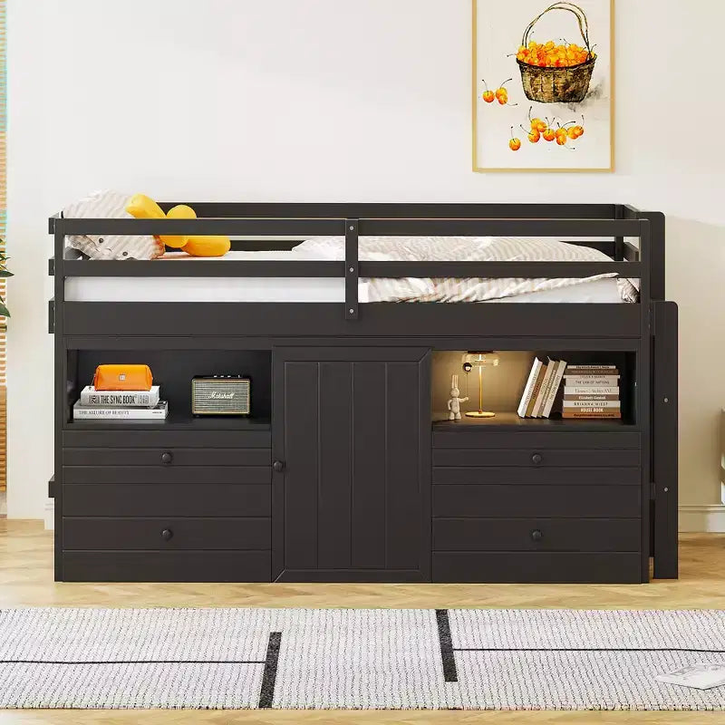Lit mi-hauteur simple pour enfants, lit mezzanine simple en bois avec tiroirs de rangement, armoire et étagères inférieurs