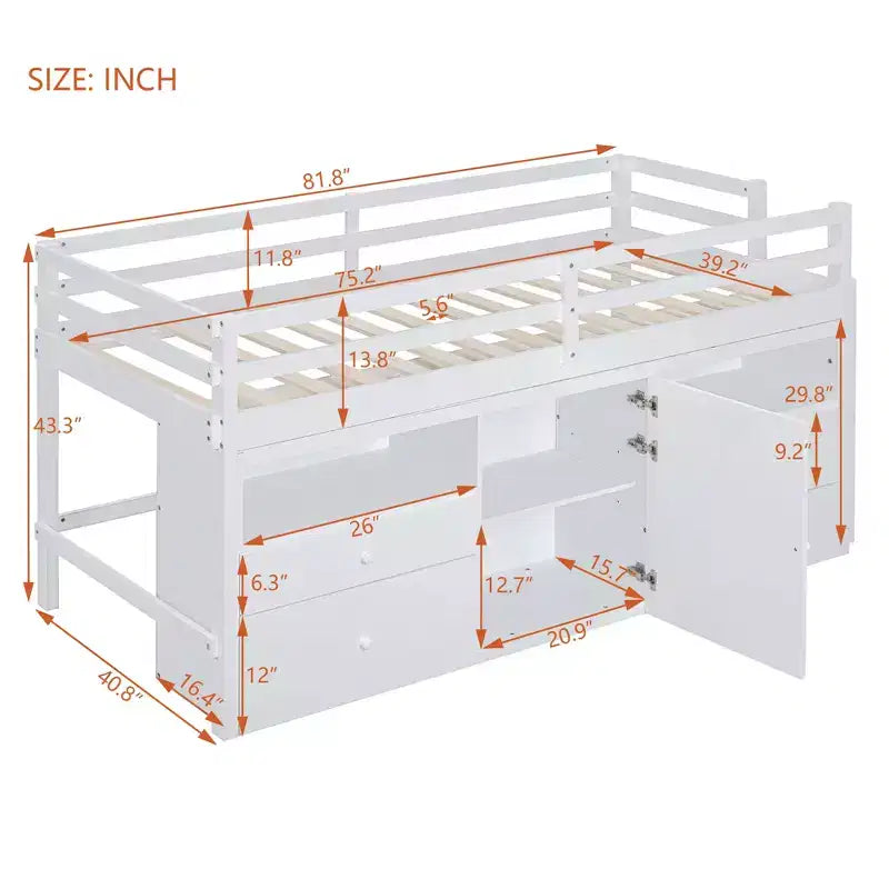 Lit mi-hauteur simple pour enfants, lit mezzanine simple en bois avec tiroirs de rangement, armoire et étagères inférieurs