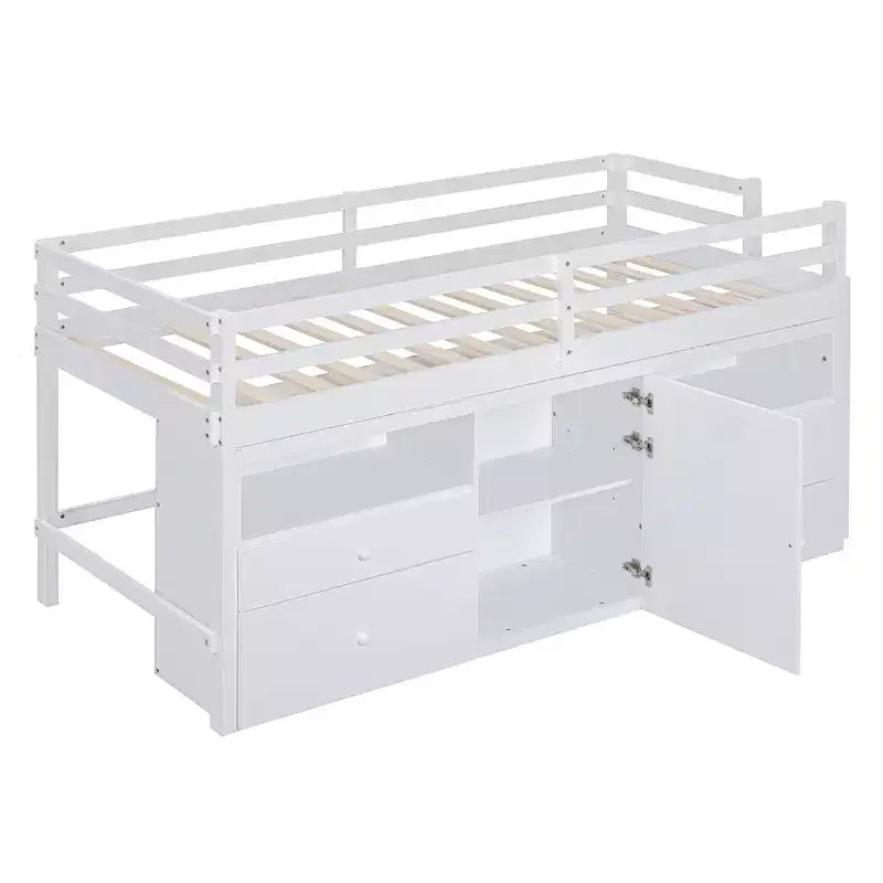 Lit mi-hauteur simple pour enfants, lit mezzanine simple en bois avec tiroirs de rangement, armoire et étagères inférieurs