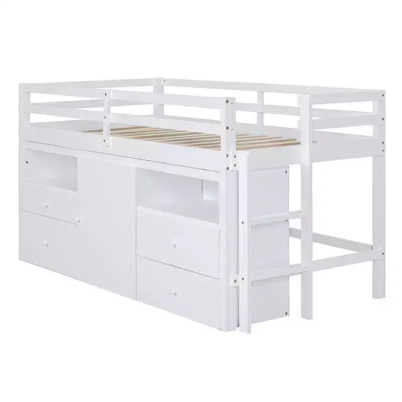 Lit mi-hauteur simple pour enfants, lit mezzanine simple en bois avec tiroirs de rangement, armoire et étagères inférieurs