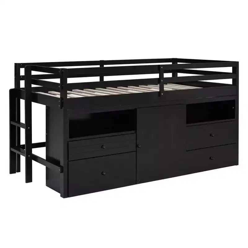 Lit mi-hauteur simple pour enfants, lit mezzanine simple en bois avec tiroirs de rangement, armoire et étagères inférieurs