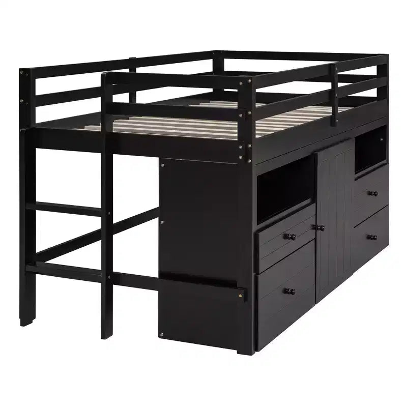 Lit mi-hauteur simple pour enfants, lit mezzanine simple en bois avec tiroirs de rangement, armoire et étagères inférieurs