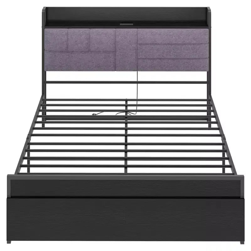 Cadre de lit complet avec tête de lit, cadre de lit plateforme noir avec rangement, cadres de lit robustes avec 2 tiroirs de rangement, pas besoin de sommier tapissier