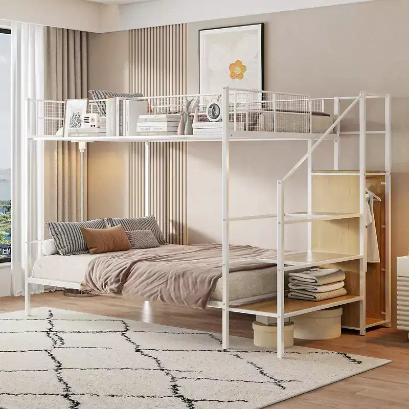 Lit superposé métallique double sur grand format avec escalier de rangement, cadre de lit en acier robuste avec étagères et armoire ouverte pour adolescents et adultes