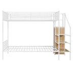 Lit superposé métallique double sur grand format avec escalier de rangement, cadre de lit en acier robuste avec étagères et armoire ouverte pour adolescents et adultes