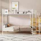 Lit superposé métallique double sur grand format avec escalier de rangement, cadre de lit en acier robuste avec étagères et armoire ouverte pour adolescents et adultes