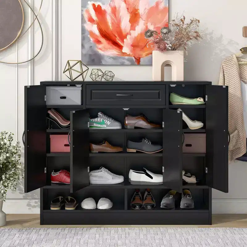 Meuble à chaussures Okak, Meuble de rangement avec 4 portes, 1 tiroir et étagères réglables, Meuble d'entrée pour Entrée, Salon