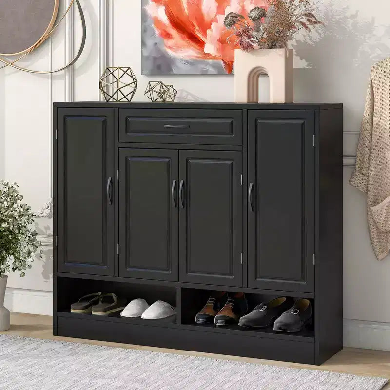Meuble à chaussures Okak, Meuble de rangement avec 4 portes, 1 tiroir et étagères réglables, Meuble d'entrée pour Entrée, Salon