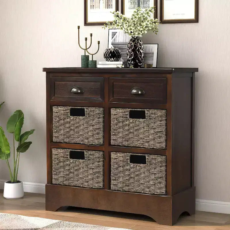 GDFStudio Elsie Meuble de rangement en bois massif avec tiroirs et paniers en rotin
