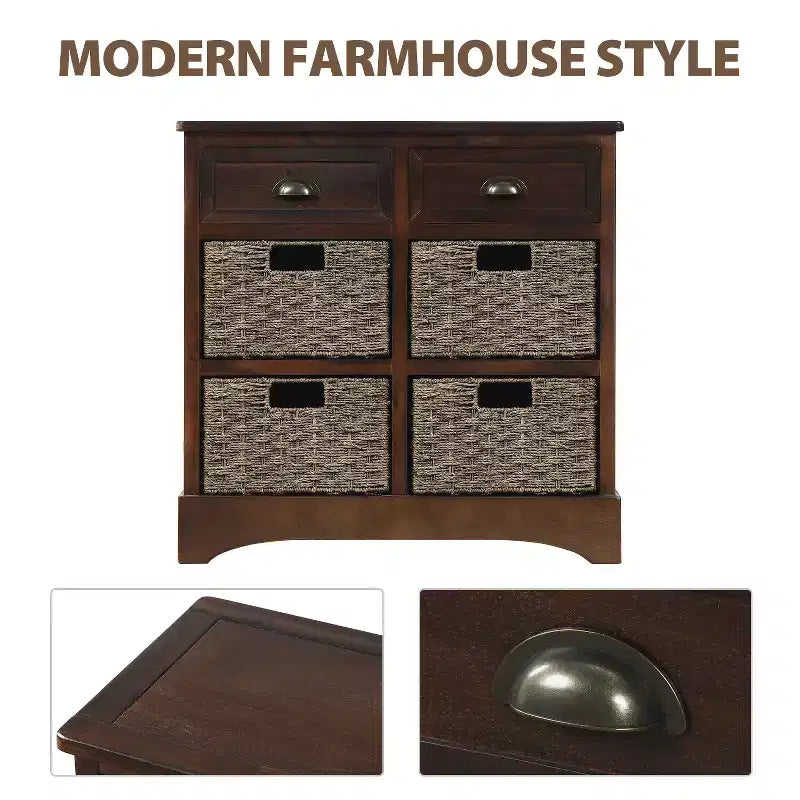GDFStudio Elsie Meuble de rangement en bois massif avec tiroirs et paniers en rotin