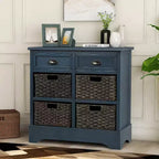 GDFStudio Elsie Meuble de rangement en bois massif avec tiroirs et paniers en rotin